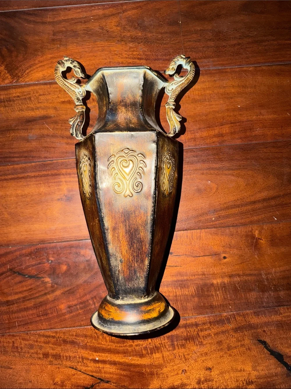 Ornate Brown and Gold Decorative Vase with Scroll Handles